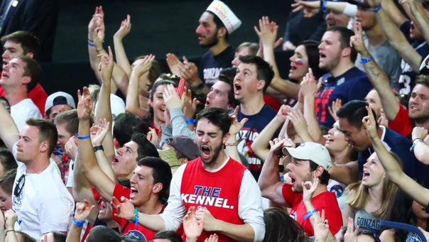 Gonzaga fans react during the first half of the national