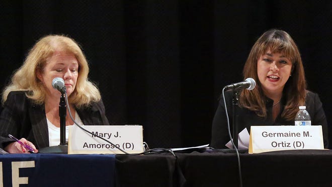 Democrats Mary J. Amoroso and Germaine M. Ortiz speaking at a League of Women Voters Candidates Forum in October 2016.