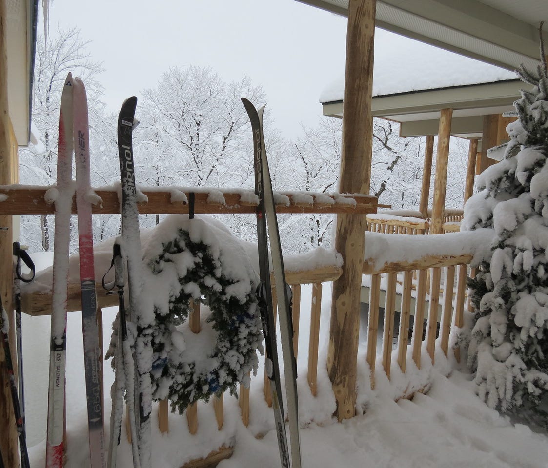 Skis, holiday decorations – and plenty of snow, at the Stratton Brook Hut in Maine.