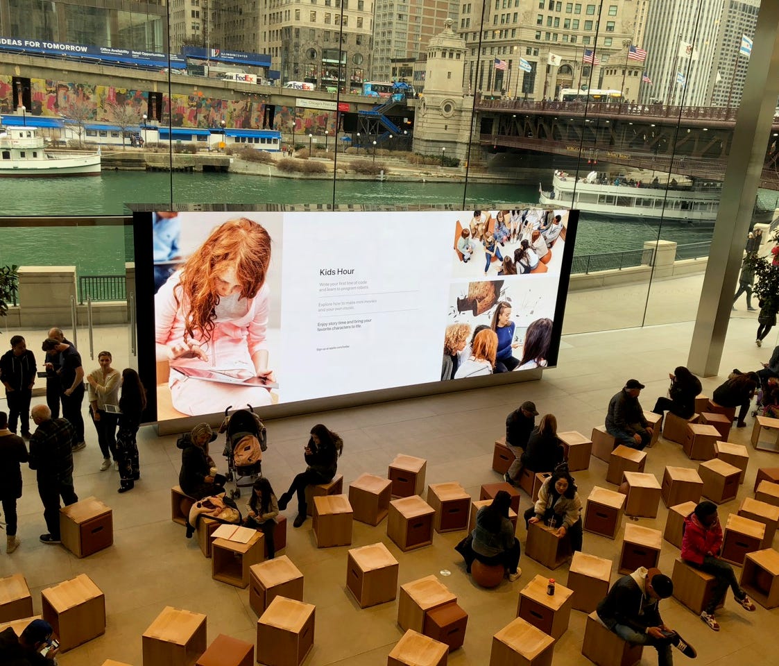 The Apple Store on Michigan Ave. in Chicago . Apple is encouraging kids to learn coding.