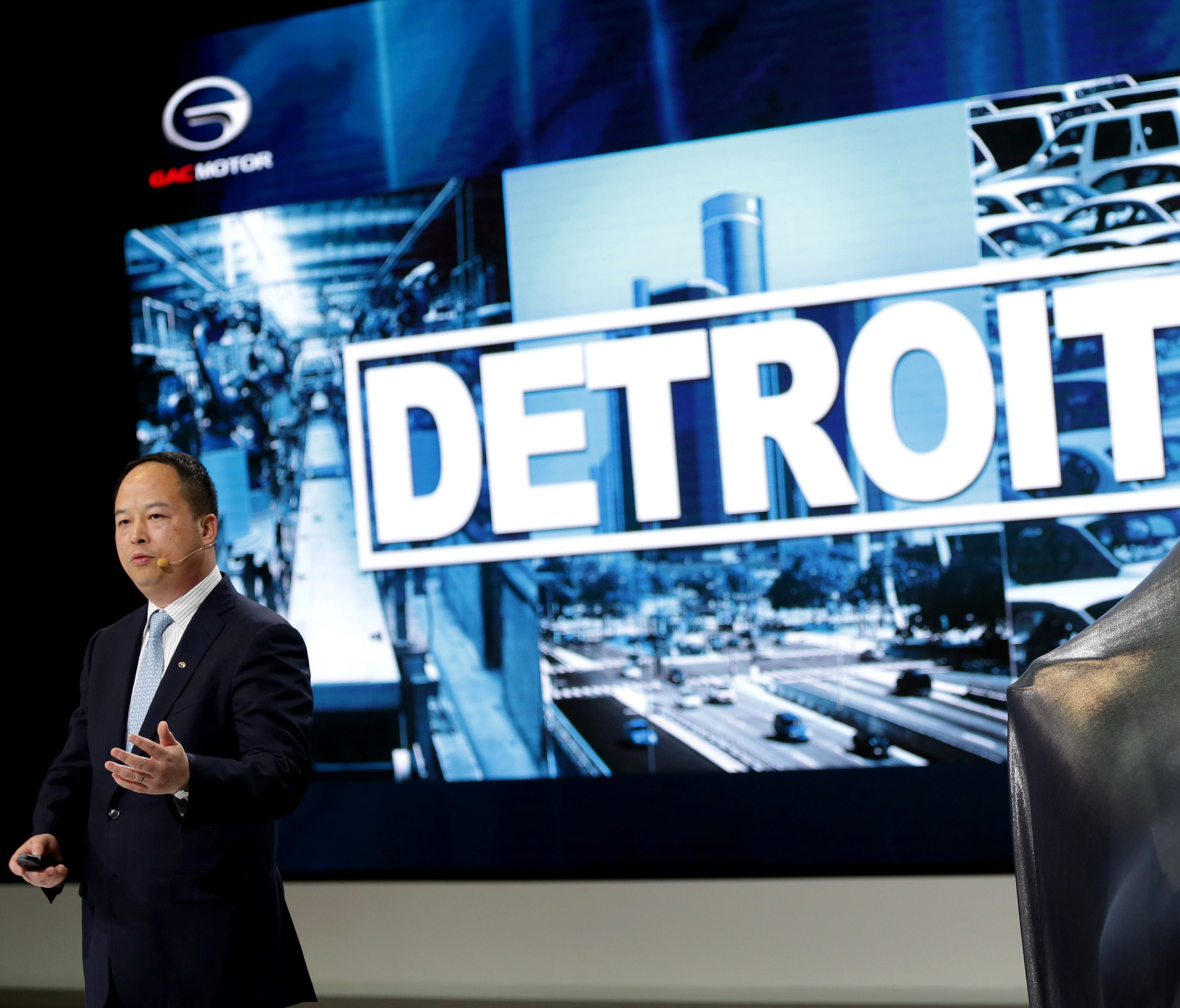 Yu Jun, General Manager GAC Motor  talks before the reveal of the 2018 GS7 during the 2017 North American International Auto Show at Cobo Center in Detroit on Monday, Jan. 9, 2017.
