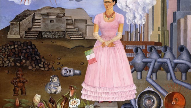 'Self Portrait on the Border between Mexico and the United States of America' is a diminutive self portrait completed in 1932 (oil on tin) by Frida Kahlo (1907-54). This is one of the fascinating gems of the exhibit that requires close viewing.