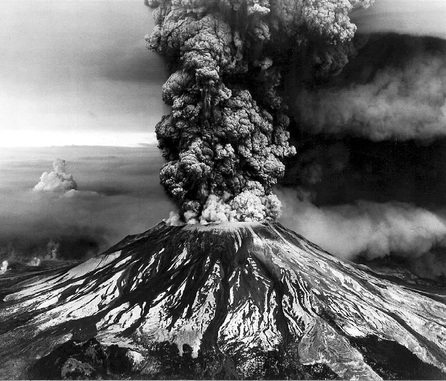 This is an aerial view of the   eruption of Mount Saint Helens, Skamania County, Washington on May 18, 1980.