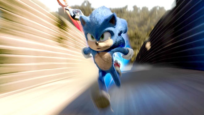 Sonic (Ben Schwartz) in "Sonic the Hedgehog" from Paramount Pictures and Sega.