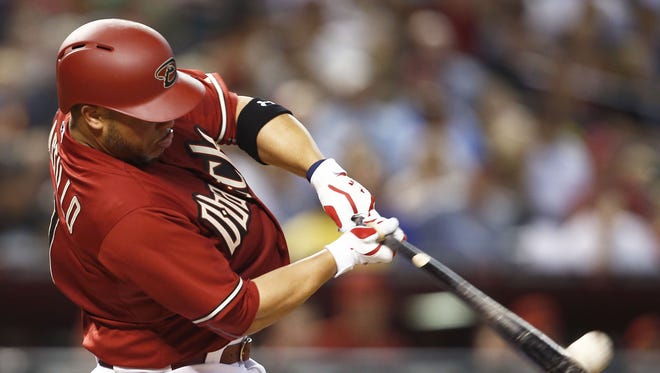 Arizona Diamondbacks Welington Castillo hits a solo homerun against the Los Angeles Angels in the 4th inning on Wednesday, June 17, 2015 at Chase Field in Phoenix, AZ.