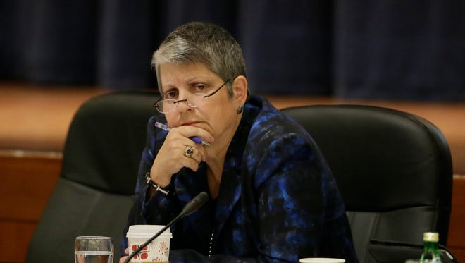 FILE - In this Nov. 19, 2014 file photo, University of California President Janet Napolitano listens to student speakers during a meeting of the university Board of Regents in San Francisco. California's auditor said Tuesday, March 29, 2016, the University of California has undermined residents by admitting a growing number of nonresident students, some of whom were not as qualified as in-state students.
