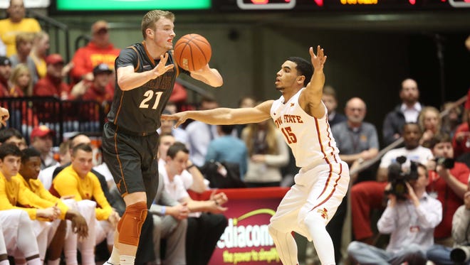 Iowa State's Naz Long guards Texas' Connor Lammert on Monday, Jan. 26, 2015 in Hilton Coliseum. The Iowa State Cyclones topped the Texas Longhorns 89-86.