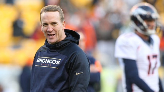 Denver Broncos quarterback Peyton Manning on the field before the game against the Pittsburgh Steelers at Heinz Field.