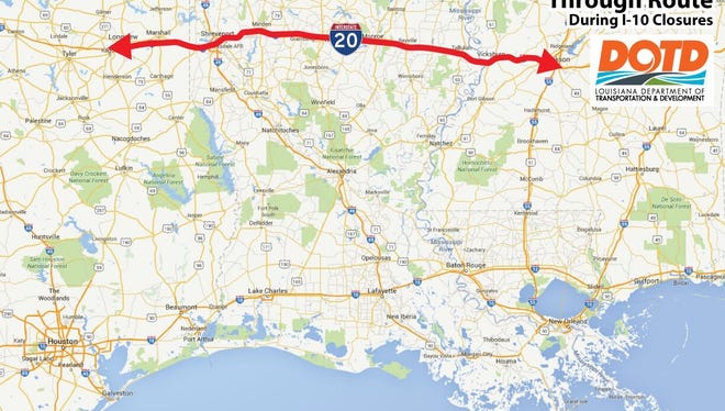 Map of detour for those traveling from Alabama or Mississippi into Texas. I-10 was closed Tuesday due to flooding.