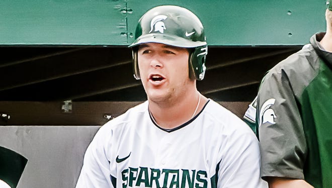 Blaise Salter waits to bat during the Spartans' game against Eastern Michigan on May 7, 2014, in East Lansing.