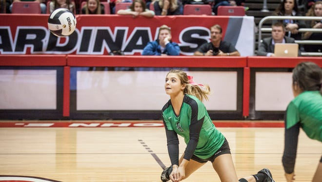Yorktown's Bella Rosenthall dives for the save following an attack from Providence on Saturday during the IHSAA class 3A State Tournament in Worthen Arena.
