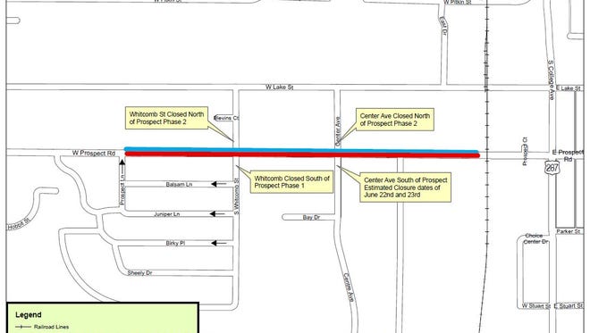 Lane closures are planned for both directions of Prospect Road between College Avenue and Prospect Lane from June 19 to July 6.