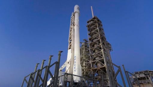 This photo made available by SpaceX on Thursday, March 30, 2017 shows the company's Falcon 9 rocket on Kennedy Space Center's historic Pad 39A in Cape Canaveral, Fla. Its launch, scheduled for Thursday will be the first time SpaceX launches one of its reused boosters.