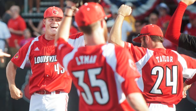 Louisville Cardinals' relief pitcher Zack Burdi, celebrates with his teammates after the Cards beat Wright State to win the Louisville regional  3-1.05 June, 2016