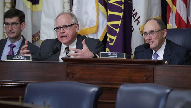WASHINGTON, DC - MARCH 07:  House Veterans Affairs Committee ranking member Rep. Tim Walz (D-MN) 2nd L) and Chairman Phil Roe (R-TN) listen to testimony during a hearing about ongoing reforms at the Veterans Affairs Department in the Cannon House Office Building on Capitol Hill March 7, 2017 in Washington, DC. Titled, 'Shaping the Future: Consolidating and Improving VA Community Care,' the hearing focused on the work the department is doing to reduce patient wait time with the Patient Centered Community Care and the Veterans Choice programs.  (Photo by Chip Somodevilla/Getty Images)