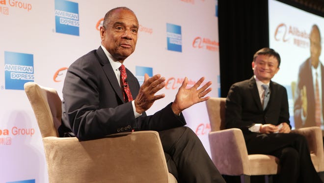 Ken Chenault, Chairman and CEO, American Express, and Jack Ma, Founder and Executive Chairman, Alibaba Group, discuss the importance of supporting U.S. small businesses with an audience of local entrepreneurs and business owners at the Millenium Knickerbocker Hotel in Chicago, in this June 10, 2015 photo. Facebook has named Chenault to its board of directors.
