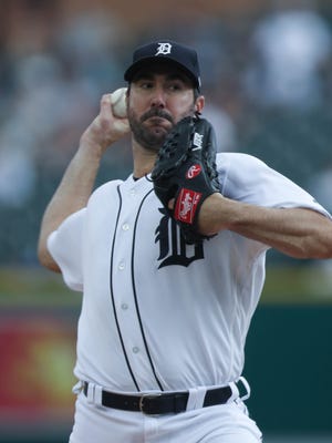 Tigers pitcher Justin Verlander throws during the first inning Tuesday at Comerica Park.