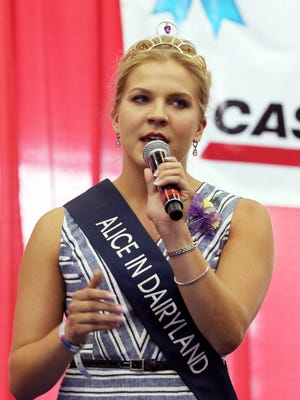 Alice in Dairyland, Crystal Siemers-Peterman, welcomes the crowd to the Governor's Blue Ribbon Livestock Auction on Aug. 9 at the Wisconsin State Fair.
