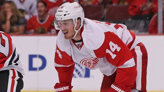 Detroit Red Wings forward Gustav Nyquist plays Sept. 23, 2014, in Chicago.
