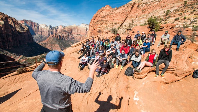 Students participate in a lecture inside Zion National Park while in SUU's Jumpstart GE program.