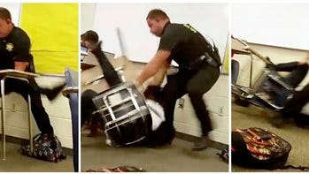 This three image combo made from video taken by a Spring Valley High School student on Monday, Oct, 26, 2015, shows Senior Deputy Ben Fields trying to forcibly remove a student from her chair after she refused to leave her high school math class, in Columbia S.C. The Justice Department opened a civil rights investigation Tuesday after Fields flipped the student backward in her desk and tossed her across the floor.