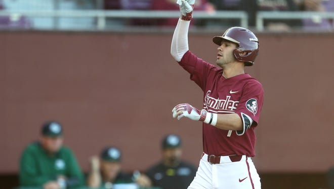 FSU's Steven Wells Jr. celebrates his solo homerun against Stetson during their game at Dick Howser Stadium on Tuesday. 