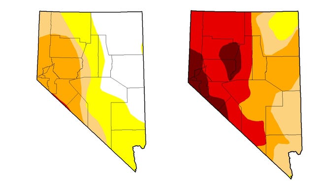 Drought conditions in the July 5 Drought Monitor report are seen on the left, and conditions a year ago are on the right.
