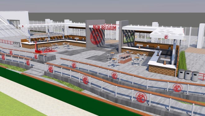 An artist's rendering of the New Belgium Porch hospitality area in the north end zone of CSU's new on-campus stadium.