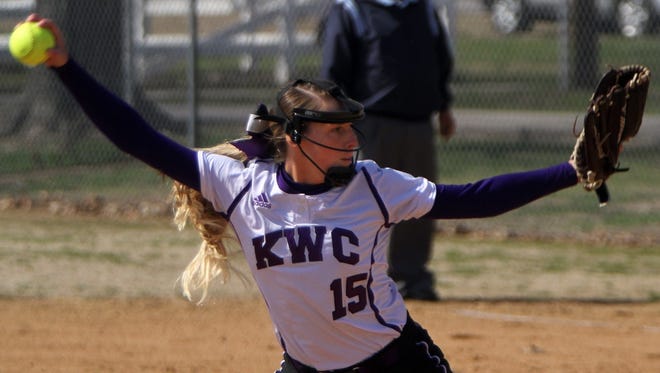 Maci Brown prepares to throw a pitch for Kentucky Wesleyan College.