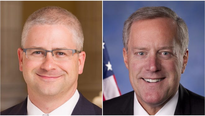 U.S. Reps. Patrick McHenry, left, and Mark Meadows