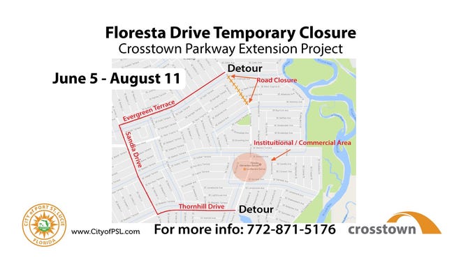 Map of temporary closure.  Motorists are urged to follow the signed detour routes at Thornhill Drive, Sandia Drive and Evergreen Terrace during this closure. Floresta Drive will remain open to local traffic and to accommodate businesses