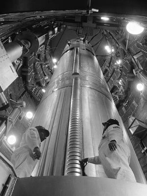 A Titan II missile stands in an underground silo near Wichita, Kan., in 1964. A fire in a silo like this one near Searcy, Ark., killed 53 workers Aug. 9, 1965.
