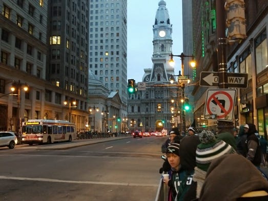 Eagles fans gather near City Hall in Philadelphia at