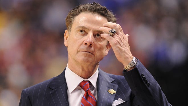 Mar 19, 2017; Indianapolis, IN, USA; Louisville Cardinals head coach Rick Pitino reacts against the Michigan Wolverines during the second half in the second round of the 2017 NCAA Tournament at Bankers Life Fieldhouse. Mandatory Credit: Thomas Joseph-USA TODAY Sports