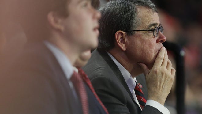 President of the University of Georgia Jere Morehead looks on in the final minutes of an NCAA basketball game between South Carolina and Georgia in Athens, Ga., on Wednesday, Feb. 12, 2020. South Carolina won, 75-59.
