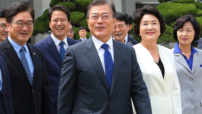 South Korean President Moon Jae-in, center, is pictured at the Seoul military airport in Seongnam, South Korea.