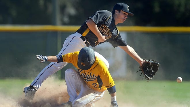 Pittsford Sutherland's Nate Richardson, bottom, safely steals second base as HF-L's Connor Sinopoli reaches for the throw during a regular season game played at Pittsford Sutherland High School on Wednesday, April 20, 2016. Sutherland beat Honeoye Falls-Lima 14-5.