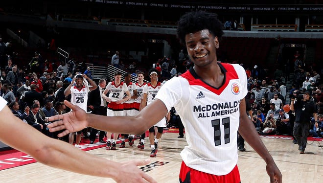 Forward Josh Jackson celebrates during the 2016 McDonald's High School All-American Game at the United Center in Chicago.