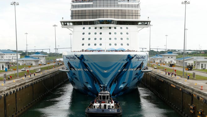 The 168,028-ton Norwegian Bliss enters a lock at the Panama Canal on May 14, 2018. It is the largest cruise ship ever to transit the Panama Canal.