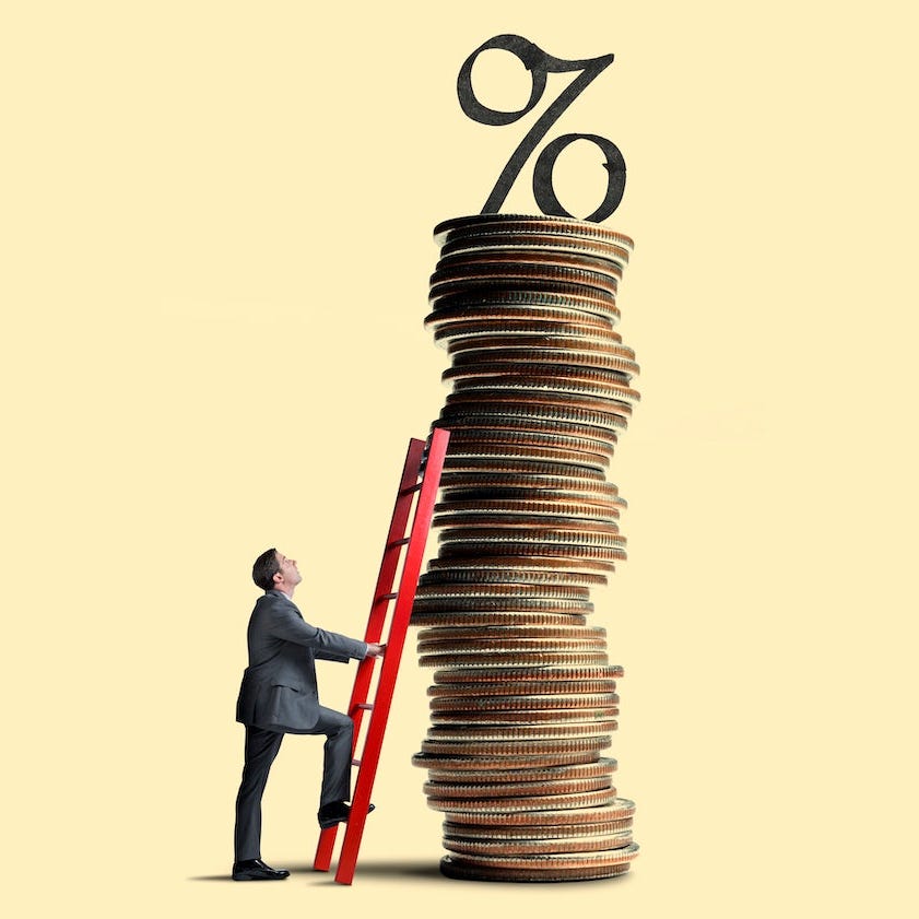 An investor climbs a ladder toward a percentage sign atop a stack of coins, symbolizing attempts to beat rising inflation.