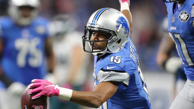 Lions receiver Golden Tate celebrates after making a first down catch to set up the winning field goal late in the fourth quarter against the Philadelphia Eagles on Sunday, Oct. 9, 2016 at Ford Field in Detroit.