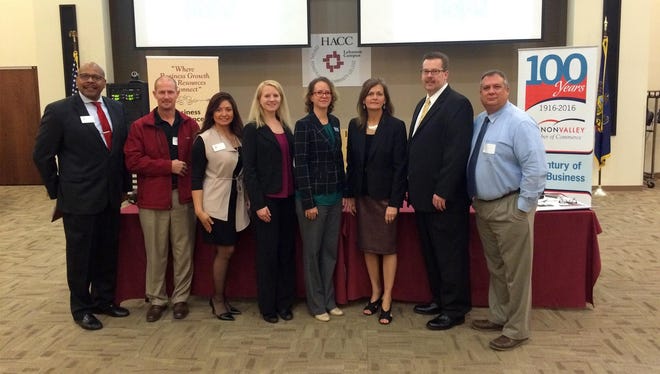 The Lebanon Valley Economic Development Corp. and the Lebanon Valley Chamber of Commerce recently hosted a Manufacturing Roundtable at HACC's Lebanon campus. Pictured at the event, are from left, Victor Rodgers, HACC; Richard Cope, Valspar; Natalie Castro, HACC; Bethany Houser, Chamber of Commerce; Stacy Newcomber, Commuter Services of Pennsylvania; Susan Eberly, LVEDC; Matthew Boyer, Commuter Services of Pennsylvania; Glenn Meck, Lebanon County Career and Technology Center.