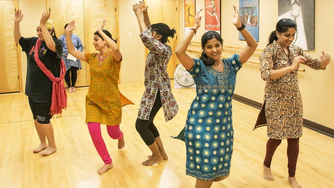 From left: Sydney Furgerson, Swarupa Bhagwat, Seygbai Kai, Sanju Pilli and Saritha Mysore rehearsed this week for “Shakuntala” in Gateway Dance Theatre’s studio in the East Village.