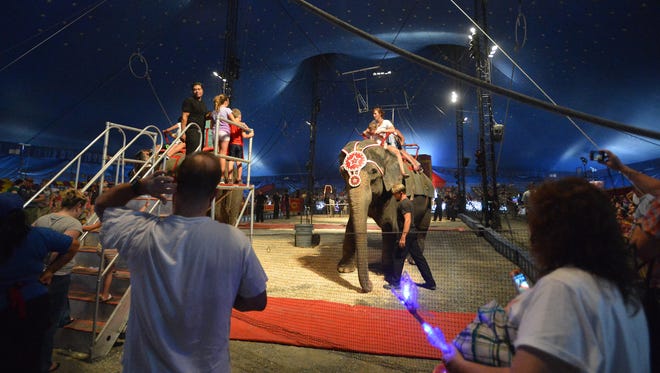 Circus goers ride an elephant under the big top during intermission for the afternoon show of Cole Brothers Circus at Augusta Expo in Fishersville on Tuesday, Sept. 2, 2014.