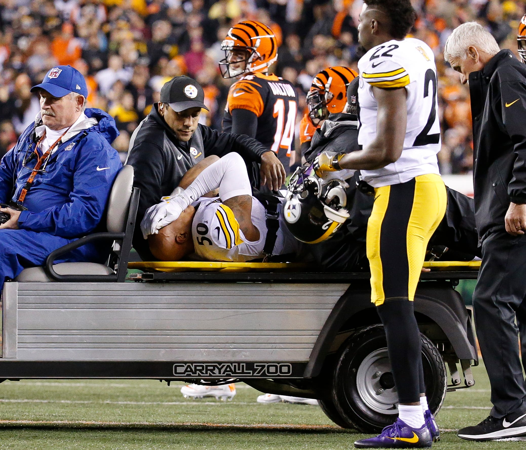 Pittsburgh Steelers inside linebacker Ryan Shazier (50) is carted off the field after an apparent injury in the first half of an NFL football game against the Cincinnati Bengals, Monday, Dec. 4, 2017, in Cincinnati.
