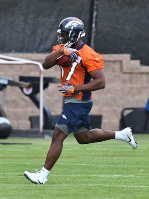 Denver Broncos running back Royce Freeman participates in drills during rookie minicamp at the UCHealth Training Center. Mandatory Credit: Ron Chenoy-USA TODAY Sports
