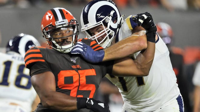 Browns defensive end Myles Garrett tries to get past Los Angeles Rams offensive tackle Andrew Whitworth during a game in September.