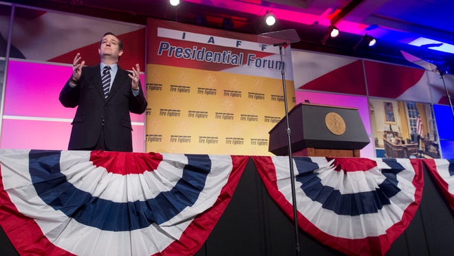 Sen. Ted Cruz, R-Texas speaks at the International Association of Firefighters (IAFF) Legislative Conference and Presidential Forum in Washington, Tuesday, March 10, 2015. (AP Photo/Pablo Martinez Monsivais)