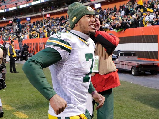 Green Bay Packers quarterback Brett Hundley (7) reacts