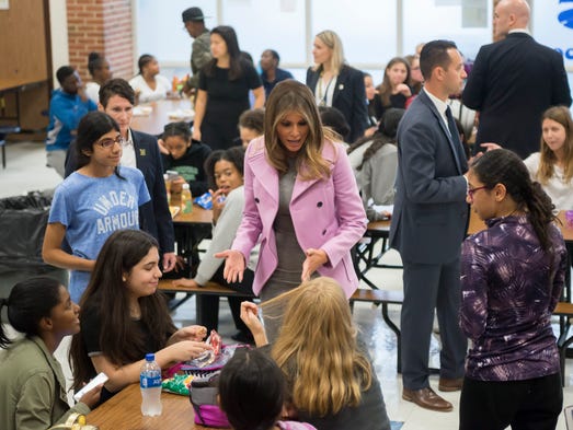 First lady Melania Trump chats with students while